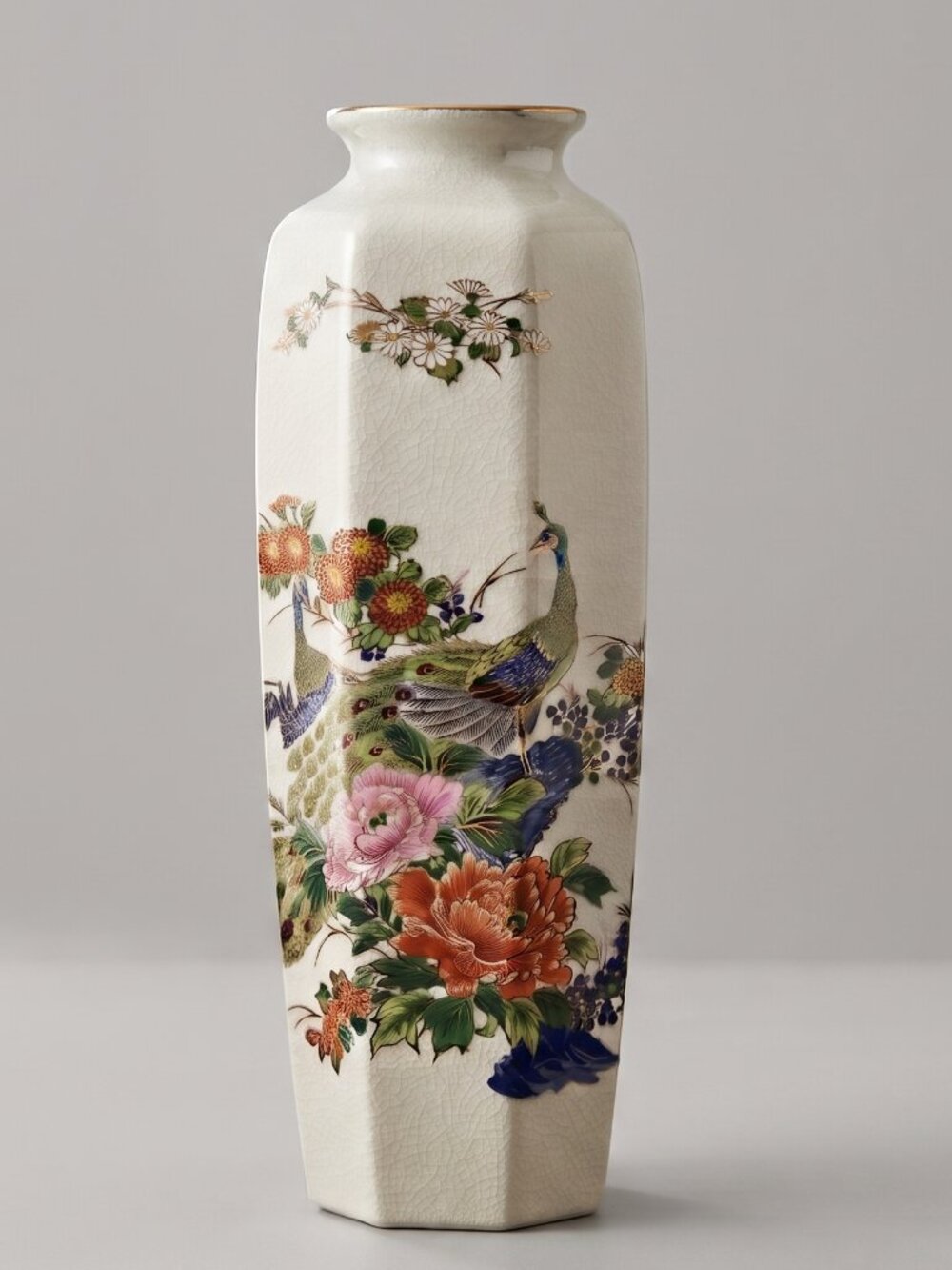 Vintage Interpur Japan Imperial Peacock Floral Crackle Porcelain Vase 10.75 In